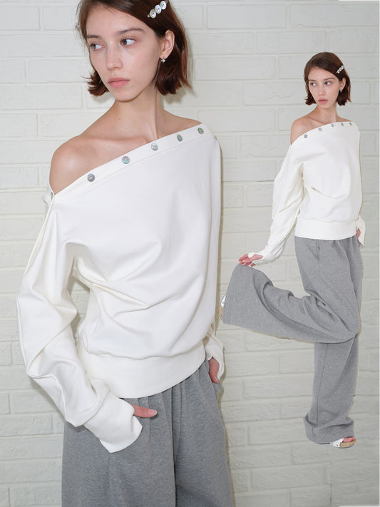 Shell Button Off Shoulder Sweatshirt