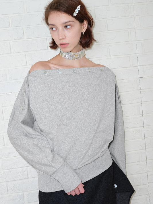 Shell Button Off Shoulder Sweatshirt
