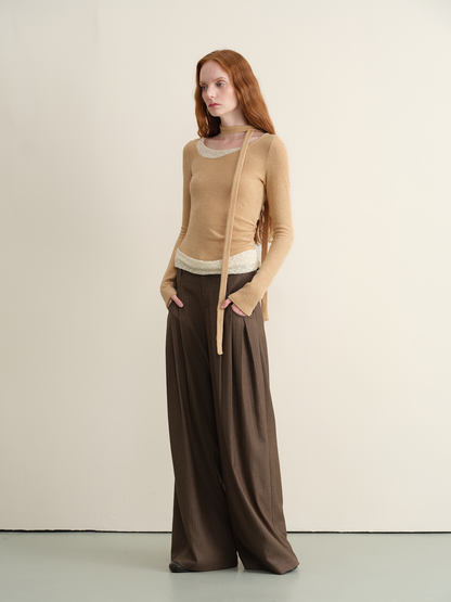 Plaid Lace Trim Top and Skinny Scarf