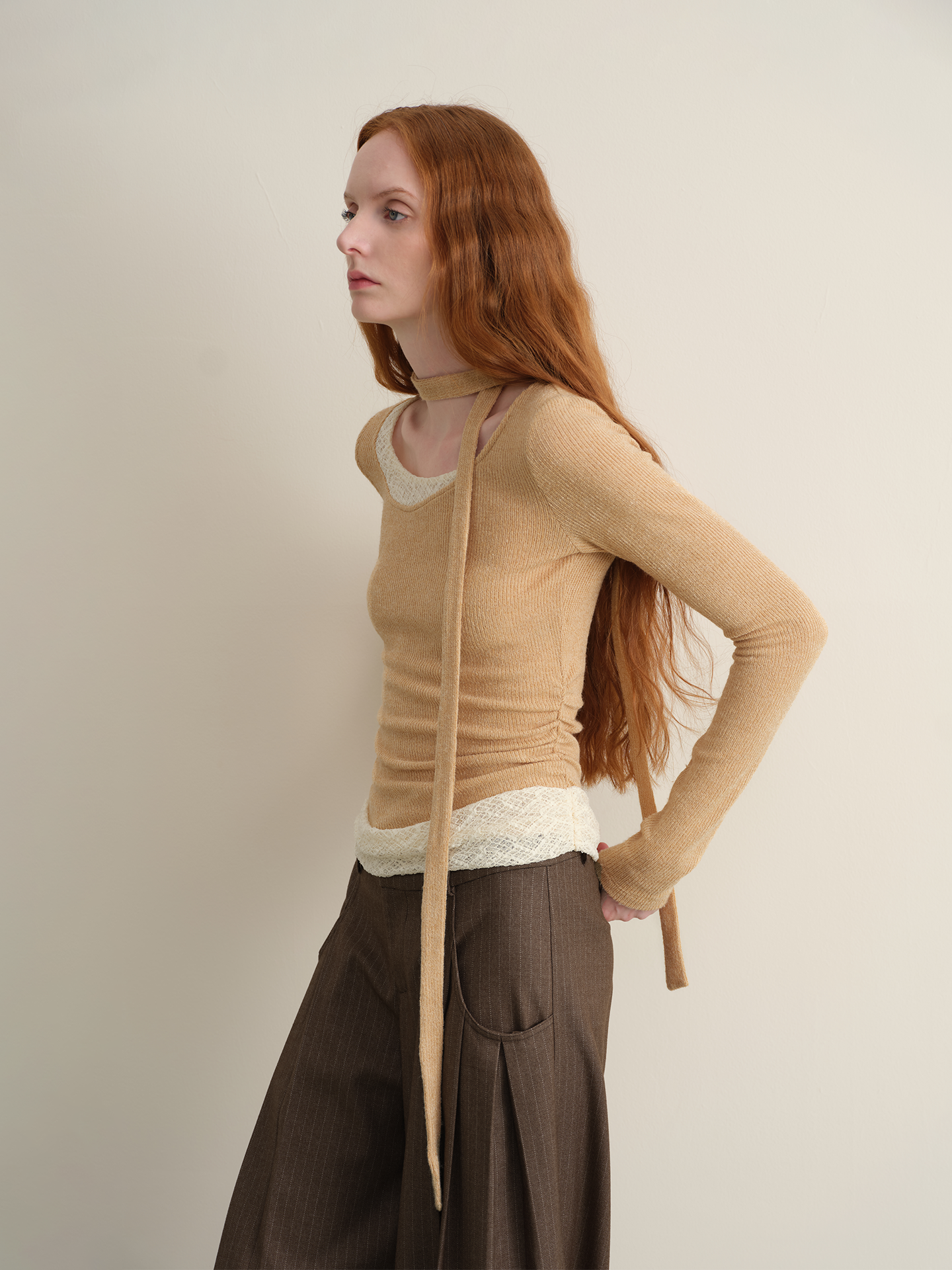 Plaid Lace Trim Top and Skinny Scarf