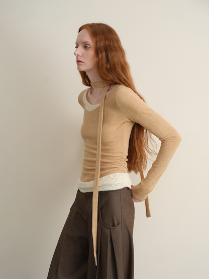 Plaid Lace Trim Top and Skinny Scarf