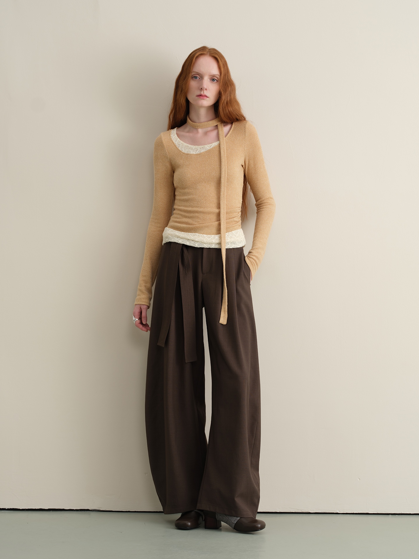 Plaid Lace Trim Top and Skinny Scarf