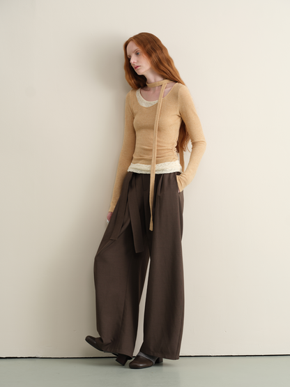 Plaid Lace Trim Top and Skinny Scarf