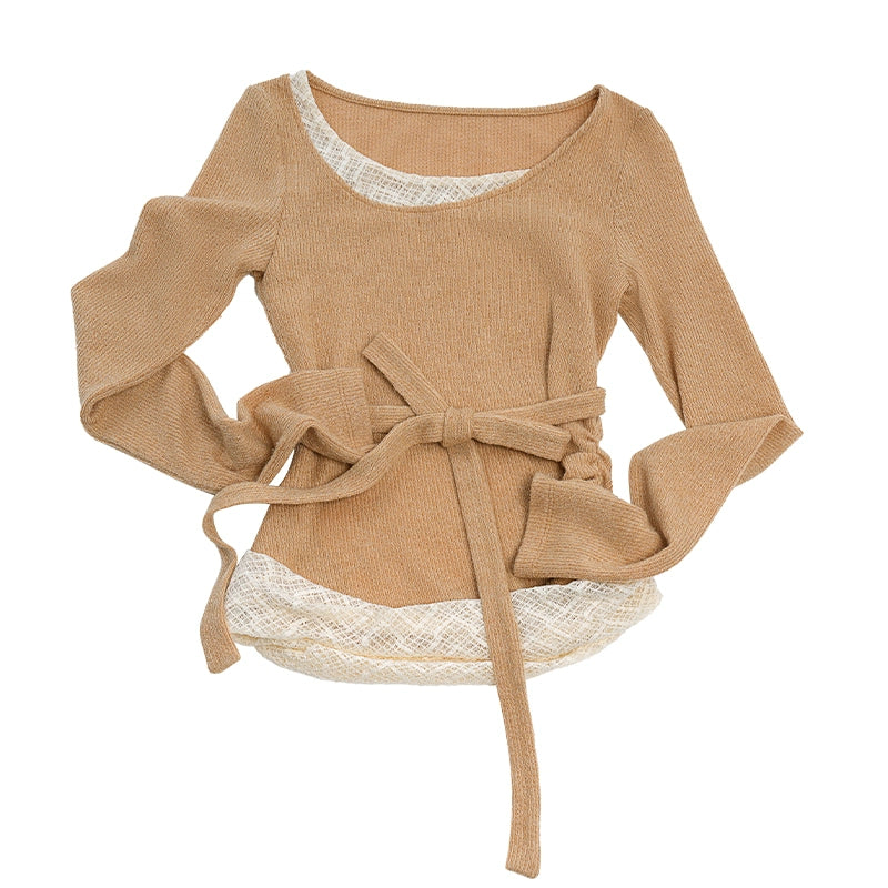 Plaid Lace Trim Top and Skinny Scarf