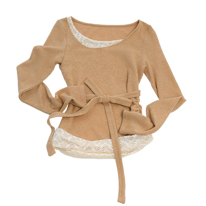 Plaid Lace Trim Top and Skinny Scarf