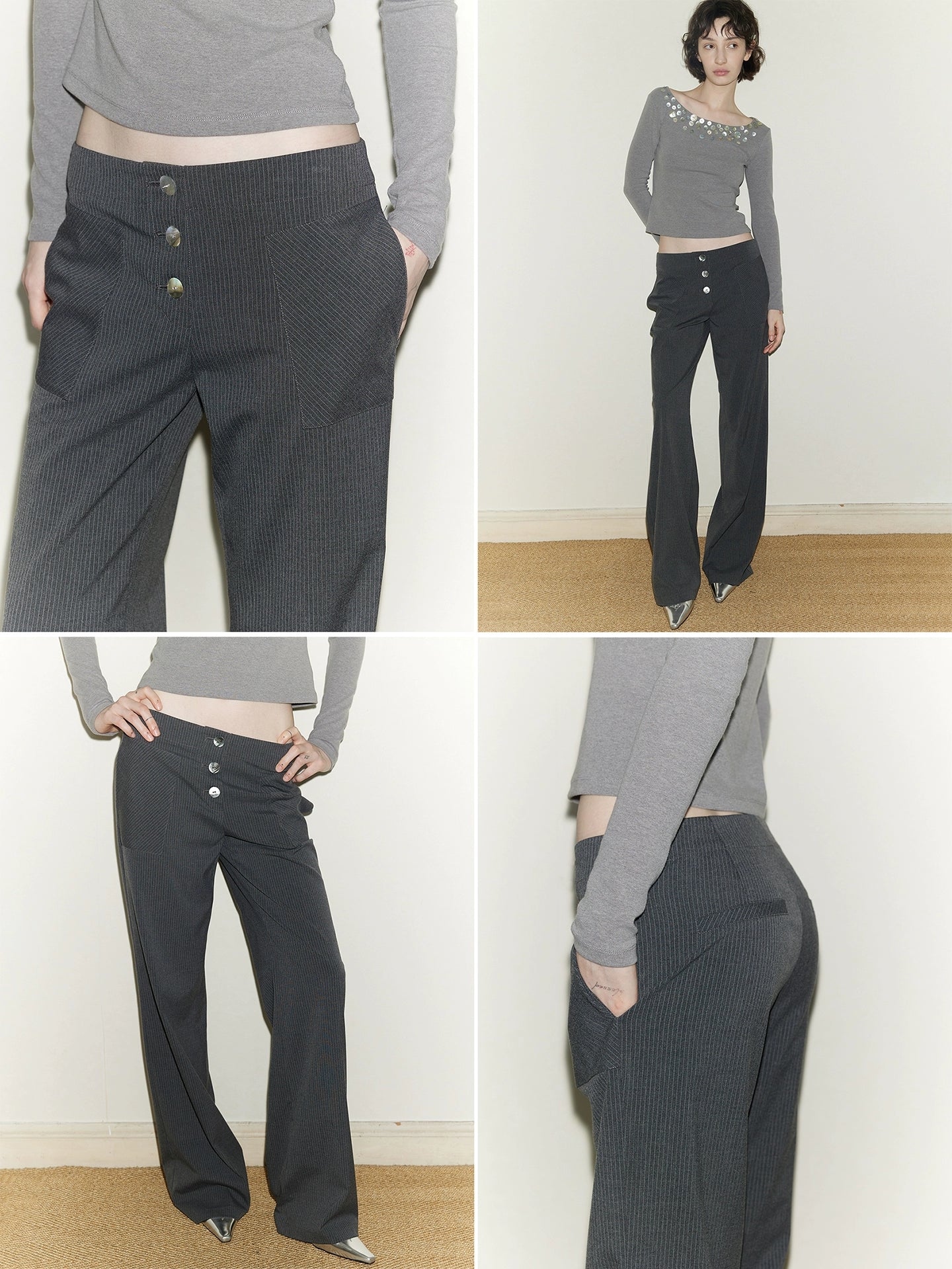 Shell Button Pinstripe Trousers