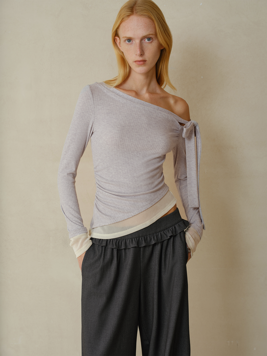 Mesh Hem Bow Shoulder Top